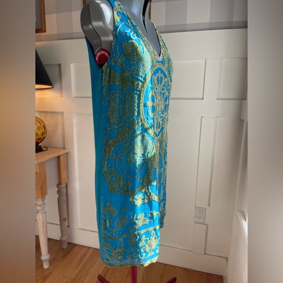Hale Bob Silk Turquoise and Gold Mini Dress Size XS - Picture 5 of 9